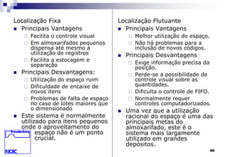 46 
Localização Fixa 
 Principais Vantagens 
 Facilita o controle visual 
 Em almoxarifados pequenos 
dispensa até mesmo a 
utilização de registros 
 Facilita a estocagem e 
separação 
 Principais Desvantagens: 
 Utilização do espaço ruim 
 Dificuldade de encaixe de 
novos itens 
 Problemas de falta de espaço 
no caso de lotes maiores que 
o dimensionado 
 Este sistema é normalmente 
utilizado para itens pequenos 
onde o aproveitamento do 
espaço não é um ponto 
crucial. 
Localização Flutuante 
 Principais Vantagens 
 Melhor utilização do espaço. 
 Não há problemas para a 
inclusão de novos códigos. 
 Principais Desvantagens 
 Exige informação precisa da 
posição. 
 Perde-se a possibilidade de 
controle visual sobre as 
quantidades. 
 Dificulta o controle de FIFO. 
 Normalmente requer 
controles computadorizados. 
 Uma vez que a utilização 
racional do espaço é uma das 
principais metas do 
almoxarifado, este é o 
sistema mais largamente 
utilizado em grandes 
depósitos. 
 