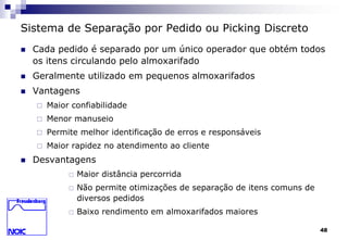 48 
Sistema de Separação por Pedido ou Picking Discreto 
 Cada pedido é separado por um único operador que obtém todos 
os itens circulando pelo almoxarifado 
 Geralmente utilizado em pequenos almoxarifados 
 Vantagens 
 Maior confiabilidade 
 Menor manuseio 
 Permite melhor identificação de erros e responsáveis 
 Maior rapidez no atendimento ao cliente 
 Desvantagens 
 Maior distância percorrida 
 Não permite otimizações de separação de itens comuns de 
diversos pedidos 
 Baixo rendimento em almoxarifados maiores 
 