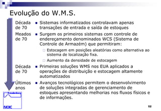 52 
Evolução do W.M.S. 
 Sistemas informatizados controlavam apenas 
transações de entrada e saída de estoques 
 Surgem os primeiros sistemas com controle de 
endereçamento denominados WCS (Sistema de 
Controle de Armazém) que permitiram: 
 Estocagem em posições aleatórias como alternativa ao 
sistema de localização fixa. 
 Aumento da densidade de estocagem 
 Primeiras soluções WMS nos EUA aplicados a 
operações de distribuição e estocagem altamente 
automatizados 
 Avanços tecnológicos permitem o desenvolvimento 
de soluções integradas de gerenciamento de 
estoques apresentando melhorias nos fluxos físicos e 
de informações. 
Década 
de 70 
Meados 
de 70 
Década 
de 70 
Últimos 
anos 
 