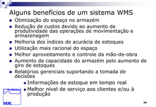 54 
Alguns benefícios de um sistema WMS 
 Otimização do espaço no armazém 
 Redução de custos devido ao aumento de 
produtividade das operações de movimentação e 
armazenagem 
 Melhoria dos índices de acurácia de estoques 
 Utilização mais racional do espaço 
 Melhor aproveitamento e controle da mão-de-obra 
 Aumento da capacidade do armazém pelo aumento de 
giro de estoques 
 Relatórios gerenciais suportando a tomada de 
decisões 
 Informações de estoque em tempo real 
 Melhor nível de serviço aos clientes e/ou à 
produção 
