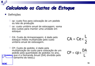 19
Calculando os Custos de EstoqueCalculando os Custos de Estoque
 Definições
 cp: custo fixo para colocação de um pedido
ou lote de produção
 ce: custo unitário anual de estocagem; soma
dos custos para manter uma unidade em
estoque
 CA: Custo de Armazenagem; é dado pelo
estoque médio multiplicado pelo custo
unitário anual de estocagem.
 CP: Custo de pedido; é dado pela
multiplicação do custo para colocação de um
pedido pela quantidade de pedidos no ano,
que é a Demanda Anual (DA) dividido pelo
tamanho do lote(L)
2
L
CeCA ×=
L
DA
cpCP ×=
 