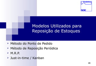 23
Modelos Utilizados para
Reposição de Estoques
 Método do Ponto de Pedido
 Método de Reposição Periódica
 M.R.P.
 Just-in-time / Kanban
 