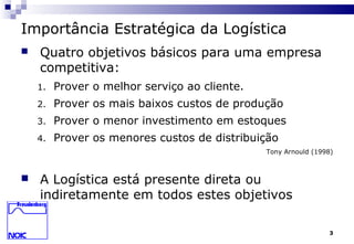 3
Importância Estratégica da Logística
 Quatro objetivos básicos para uma empresa
competitiva:
1. Prover o melhor serviço ao cliente.
2. Prover os mais baixos custos de produção
3. Prover o menor investimento em estoques
4. Prover os menores custos de distribuição
Tony Arnould (1998)
 A Logística está presente direta ou
indiretamente em todos estes objetivos
 