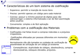 34
 Características de um bom sistema de codificação
 Expansivo: permitir a inserção de novos itens
 Preciso: permitir apenas um código para cada material
 Conciso: possuir o mínimo possível de dígitos para não
sobrecarregar o sistema informatizado e ser de fácil assimilação
pelos usuários
 Conveniente: simples e de fácil aplicação
 Problemas com a codificação dos Materiais
 Codificações mal feitas levam a compras indevidas e a prejuízos
irreparáveis.
 Codificações efetuadas por pessoas diferentes em momentos
diferentes
 Normalmente não são tomados os cuidados de verificação da
possibilidade de utilização de um código já existente
 Conseqüências: duplicidade de códigos, obsolescência, compras
desnecessárias, estoques elevados, prejuízos.
 