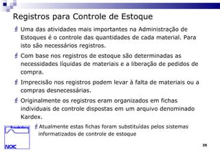 35
Registros para Controle de Estoque
 Uma das atividades mais importantes na Administração de
Estoques é o controle das quantidades de cada material. Para
isto são necessários registros.
 Com base nos registros de estoque são determinadas as
necessidades líquidas de materiais e a liberação de pedidos de
compra.
 Imprecisão nos registros podem levar à falta de materiais ou a
compras desnecessárias.
 Originalmente os registros eram organizados em fichas
individuais de controle dispostas em um arquivo denominado
Kardex.
Atualmente estas fichas foram substituídas pelos sistemas
informatizados de controle de estoque
 
