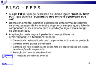 40
F.I.F.O. – P.E.P.S.
 A sigla FIFO, vem da expressão do idioma inglês “first in, first
out”, que significa “o primeiro que entra é o primeiro que
sai”.
 Operacionalmente, significa estabelecer uma forma de controle
na armazenagem de tal maneira a garantir sempre que o lote de
componente a ser enviado para a produção seja o mais antigo
no almoxarifado.
 A aplicação desta regra é parte das boas práticas de
armazenagem e é fundamental para:
 Garantia da rastreabilidade dos componentes utilizados na produção
 Controle sobre prazos de validade
 Garantia de não existência de peças fora de especificação em casos
de alterações de engenharia
 Redução do risco de obsolescência
 Redução de risco de avarias
 