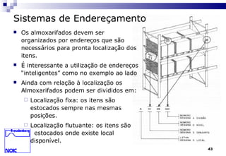 43
Sistemas de Endereçamento
 Os almoxarifados devem ser
organizados por endereços que são
necessários para pronta localização dos
itens.
 É interessante a utilização de endereços
“inteligentes” como no exemplo ao lado
 Ainda com relação à localização os
Almoxarifados podem ser divididos em:
 Localização fixa: os itens são
estocados sempre nas mesmas
posições.
 Localização flutuante: os itens são
estocados onde existe local
disponível.
 