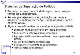 45
Sistemas de Separação de Pedidos
 Trata-se de uma das atividades que mais consome
tempo no almoxarifado.
 Requer planejamento e organização de modo a
atender os pedidos no menor tempo possível, com o
mínimo custo.
 Alguns procedimentos para melhorar a produtividade
 Localizar itens de alto giro em locais próximos
 Criar áreas exclusivas para separação
 Agrupar pedidos contendo itens comuns para reduzir
tempo
 Ter um bom sistema de localização
 Selecionar corretamente os equipamentos
 Planejar rotas de separação
 