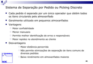 46
Sistema de Separação por Pedido ou Picking Discreto
 Cada pedido é separado por um único operador que obtém todos
os itens circulando pelo almoxarifado
 Geralmente utilizado em pequenos almoxarifados
 Vantagens
 Maior confiabilidade
 Menor manuseio
 Permite melhor identificação de erros e responsáveis
 Maior rapidez no atendimento ao cliente
 Desvantagens
 Maior distância percorrida
 Não permite otimizações de separação de itens comuns de
diversos pedidos
 Baixo rendimento em almoxarifados maiores
 