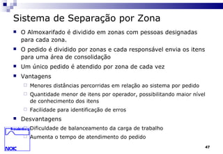 47
Sistema de Separação por Zona
 O Almoxarifado é dividido em zonas com pessoas designadas
para cada zona.
 O pedido é dividido por zonas e cada responsável envia os itens
para uma área de consolidação
 Um único pedido é atendido por zona de cada vez
 Vantagens
 Menores distâncias percorridas em relação ao sistema por pedido
 Quantidade menor de itens por operador, possibilitando maior nível
de conhecimento dos itens
 Facilidade para identificação de erros
 Desvantagens
 Dificuldade de balanceamento da carga de trabalho
 Aumenta o tempo de atendimento do pedido
 