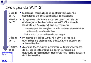 50
Evolução do W.M.S.
 Sistemas informatizados controlavam apenas
transações de entrada e saída de estoques
 Surgem os primeiros sistemas com controle de
endereçamento denominados WCS (Sistema de
Controle de Armazém) que permitiram:
 Estocagem em posições aleatórias como alternativa ao
sistema de localização fixa.
 Aumento da densidade de estocagem
 Primeiras soluções WMS nos EUA aplicados a
operações de distribuição e estocagem altamente
automatizados
 Avanços tecnológicos permitem o desenvolvimento
de soluções integradas de gerenciamento de
estoques apresentando melhorias nos fluxos físicos e
de informações.
Década
de 70
Meados
de 70
Década
de 70
Últimos
anos
 