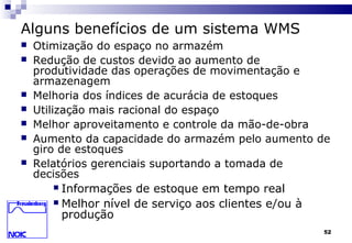 52
Alguns benefícios de um sistema WMS
 Otimização do espaço no armazém
 Redução de custos devido ao aumento de
produtividade das operações de movimentação e
armazenagem
 Melhoria dos índices de acurácia de estoques
 Utilização mais racional do espaço
 Melhor aproveitamento e controle da mão-de-obra
 Aumento da capacidade do armazém pelo aumento de
giro de estoques
 Relatórios gerenciais suportando a tomada de
decisões
 Informações de estoque em tempo real
 Melhor nível de serviço aos clientes e/ou à
produção
 
