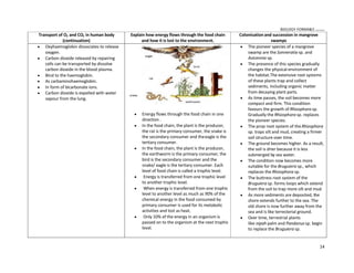 BIOLOGY FORM45 ikmal hafizah
14
Transport of O2 and CO2 in human body
(continuation)
Explain how energy flows through the food chain
and how it is lost to the environment.
Colonisation and succession in mangrove
swamps
y Oxyhaemoglobin dissociates to release
oxygen.
y Carbon dioxide released by repairing
cells can be transported by dissolve
carbon dioxide in the blood plasma.
y Bind to the haemoglobin.
y As carbaminohaemoglobin.
y In form of bicarbonate ions.
y Carbon dioxide is expelled with water
vapour from the lung.
y Energy flows through the food chain in one
direction .
y In the food chain, the plant is the producer,
the rat is the primary consumer, the snake is
the secondary consumer and theeagle is the
tertiary consumer.
y In the food chain, the plant is the producer,
the earthworm is the primary consumer, the
bird is the secondary consumer and the
snake/ eagle is the tertiary consumer. Each
level of food chain is called a trophic level.
y Energy is transferred from one trophic level
to another trophic level.
y When energy is transferred from one trophic
level to another level as much as 90% of the
chemical energy in the food consumed by
primary consumer is used for its metabolic
activities and lost as heat.
y Only 10% of the energy in an organism is
passed on to the organism at the next trophic
level.
y The pioneer species of a mangrove
swamp are the Sonneratia sp. and
Avicennia sp.
y The presence of this species gradually
changes the physical environment of
the habitat.The extensive root systems
of these plants trap and collect
sediments, including organic matter
from decaying plant parts.
y As time passes, the soil becomes more
compact and firm. This condition
favours the growth of Rhizophora sp.
Gradually the Rhizophora sp. replaces
the pioneer species.
y The prop root system of theRhizophora
sp. traps silt and mud, creating a firmer
soil structure over time.
y The ground becomes higher. As a result,
the soil is drier because it is less
submerged by sea water.
y The condition now becomes more
suitable for the Bruguiera sp., which
replaces the Rhizophora sp.
y The buttress root system of the
Bruguiera sp. forms loops which extend
from the soil to trap more silt and mud.
y As more sediments are deposited, the
shore extends further to the sea. The
old shore is now further away from the
sea and is like terresterial ground.
y Over time, terrestrial plants
like nipah palm and Pandanus sp. begin
to replace the Bruguiera sp.
 