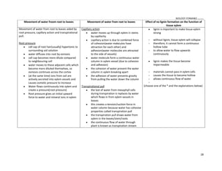 BIOLOGY FORM45 ikmal hafizah
18
Movement of water froom root to leaves Movement of water from root to leaves Effect of no lignin formation on the function of
tissue xylem
Movement of water from root to leaves aided by
root pressure, capillary action and transpirational
pull.
Root pressure
y cell sap of root hair(usually) hypertonic to
surrounding soil solution
y water diffuses into root by osmosis
y cell cap becomes more dilute compared
to neighbouring cell
y water moves to these adjacent cells which
become more diluted themselves, so
osmosis continues across the cortex
y (at the same time) ions from soil are
actively secreted into xylem vessels and
causes osmotic pressure to increase
y Water flows continuously into xylem and
create a pressure(root pressure)
y Root pressure gives an initial upward
force to water and mineral ions in xylem
Capillary action
y water moves up through xylem in stems
by capillarity
y capillary action is due to combined force
of cohesion(water molecules have
attraction for each other) and
adhesion(water molecules are attracted
to the side of vessels)
y water molecule form a continuous water
column in xylem vessel (due to cohesion
and adhesion)
y the cohesion of water prevent the water
column in xylem breaking apart
y the adhesion of water prevents gravity
from pulling the water down the column
Transpirational pull
y the lost of water from mesophyll cells
during transpiration is replaces by water
which flows in from xylem vessels in
leaves
y this creates a tension/suction force in
water column because water has cohesive
properties called transpiration pull
y the transpiration pull draws water from
xylem in the leaves/stem/roots
y the continuous flow of water through
plant is known as transpiration stream
y lignin is important to make tissue xylem
strong
 without lignin, tissue xylem will collapse
 therefore, it cannot form a continuous
hollow tube
 to allow water to flow upwards
continuously
y lignin makes the tissue become
impermeable
 materials cannot pass in xylem cells
 causes the tissue to become hollow
 allows continuous flow of water

(choose one of the * and the explanations below)
 
