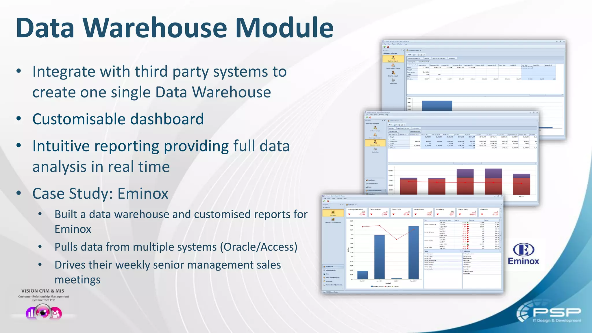 Data Warehouse Module
• Integrate with third party systems to
create one single Data Warehouse
• Customisable dashboard
• Intuitive reporting providing full data
analysis in real time
• Case Study: Eminox
• Built a data warehouse and customised reports for
Eminox
• Pulls data from multiple systems (Oracle/Access)
• Drives their weekly senior management sales
meetings
 