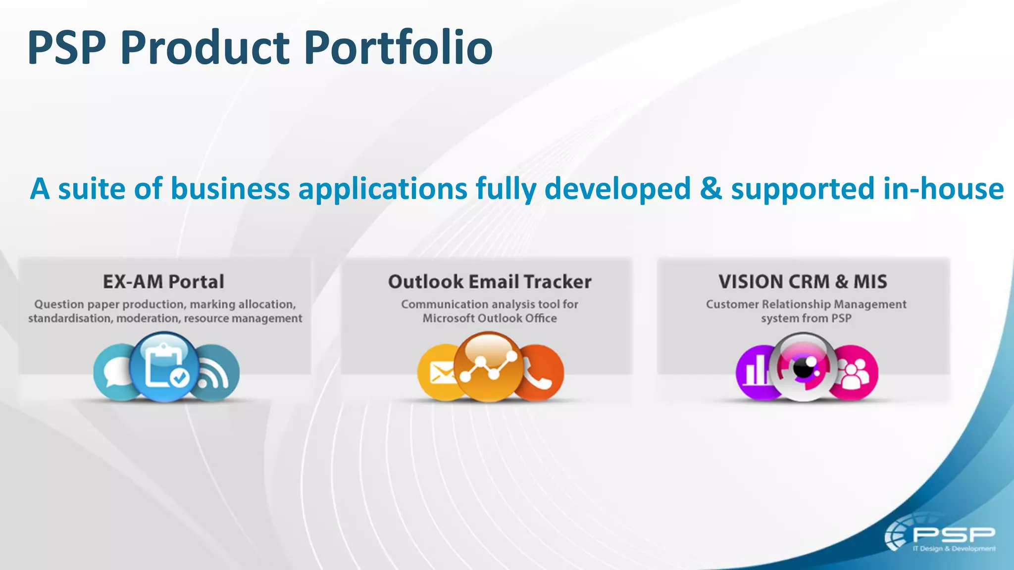 PSP Product Portfolio
A suite of business applications fully developed & supported in-house
 