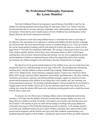 My Professional Philosophy Statement
By: Lynsie Mumfrey
The Early Childhood Period of development is special because from Birth to Age Five the
children are learning important and exciting things for each stage of their lives. I believe that they
develop and learn best in a loving, nurturing, empathetic, calm, understanding, safe, fun, and healthy
environment. I think that the most valuable aspects of Early Childhood Care and Education is their
Mental, Physical, and Social Learning Environments.
I have chosen to work with young children because I want help them learn in each stage of
development. The main theme of my approach to working with children and their families is through
my Christian Faith. The most important thing I can do as a teacher/caregiver is to “Train up a child in
the way he should go[and in keeping with his individual gift or bent], and when he is old he will not
depart from it.” Proverbs 22:6 Amplified (AMP) Bible. We will pray a short prayer before every meal.
If the children and their families want to know more information about my faith I will tell them
anything they wish to to know. Beyond teaching and learning, I see my role in supporting the growth
and development of children as important because without the support they need in their learning
environments, the children struggle in life and I believe that they should not have to struggle.
My objectives for the growth and development of the children in my care are to help them learn
and gain the necessary skills/knowledge for each stage of their life. The developmental and learning
outcomes that I want the children to achieve include Sign Language, Multicultural Languages,
ABC's/123's, Shapes/Colors, Science/Sensory, Language/Literacy, Creative Arts, Fine/Gross Motor
Skills, Self Concept, Emotional Skills/ Regulation, Social Skills, and Mathematics. My daily schedule,
curriculum, environment, materials, and teaching methods/strategies support my objectives for the
growth and development of the children by providing them with a healthy, safe, fun, nurturing, and
loving educational experience. The teaching methods/strategies I will use include but are not limited to,
singing songs to let the children when to go to the next education station such from choice time to
reading time, using the website ABCmouse.com, and playing teaching games such as match the picture
with the letter it starts with.
To measure my own effectiveness in helping children achieve developmental and learning
outcomes, I will learn from the children while also teaching them, because children can show you
things that you wouldn't even think of and they will surprise you everyday with what they know and
have learned. I will continue to grow my skills and knowledge in working with young children by
continually renewing my CDA (Child Development Associate) Credential. I will consider myself a
successful early childhood teacher/care giver when; children continually show improvement in their
growth and development, and the families and I give each other feedback communicating every
good/bad thing that happens to their children including the improvement of their growth/development.
 