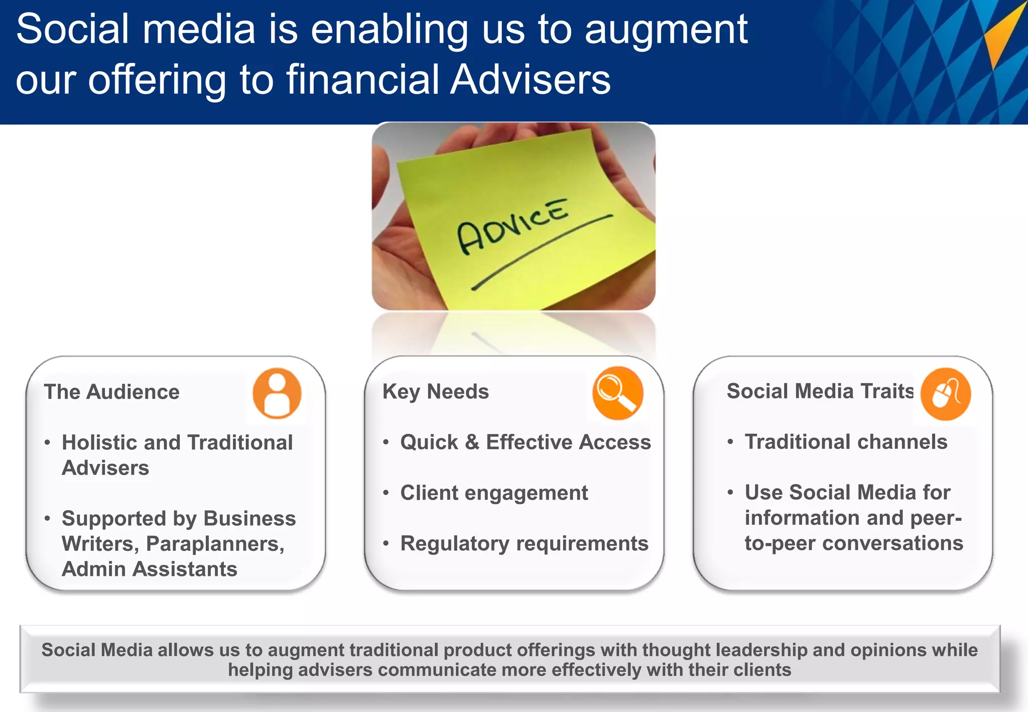 Social media is enabling us to augment
our offering to financial Advisers




 The Audience                          Key Needs                              Social Media Traits

 • Holistic and Traditional            • Quick & Effective Access             • Traditional channels
   Advisers
                                       • Client engagement                    • Use Social Media for
 • Supported by Business                                                        information and peer-
   Writers, Paraplanners,              • Regulatory requirements                to-peer conversations
   Admin Assistants


 Social Media allows us to augment traditional product offerings with thought leadership and opinions while
                      helping advisers communicate more effectively with their clients
 