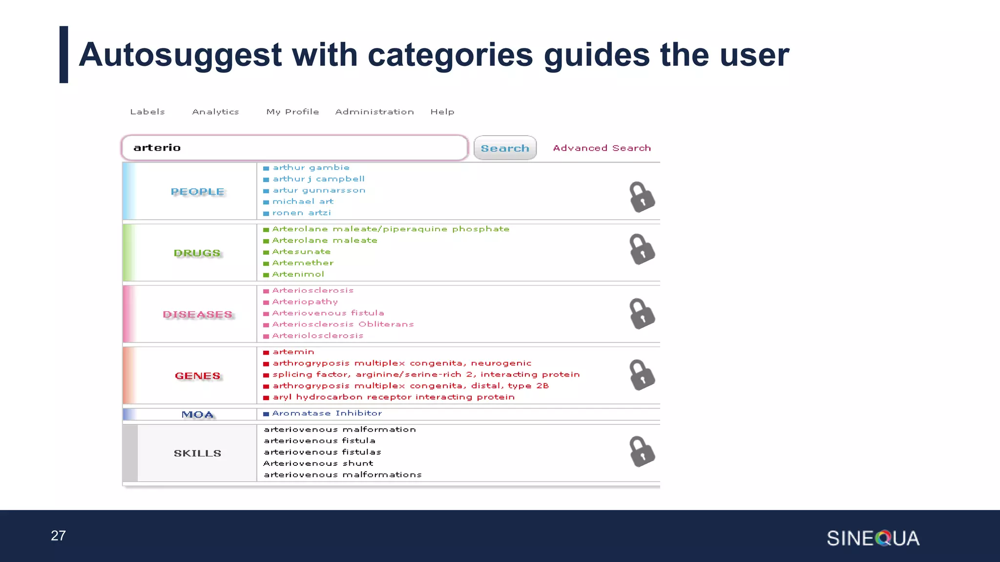 27
Autosuggest with categories guides the user
 