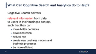 16
What Can Cognitive Search and Analytics do to Help?
Cognitive Search delivers
relevant information from data
to users in their business context,
such that they can
 make better decisions
 drive innovation
 reduce risk
 create new business models and
business processes
 be more efficient
 