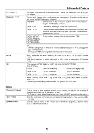 49
3. Convenient Features
SITE SURVEY Displays a list of available SSIDs for wireless LAN on site. Select an SSID which you
can access.
SECURITY TYPE Turn on or off the encryption mode for secure transmission. When turn on the encryp-
tion mode, set WEP key or encrypted key.
DISABLE Will not turn on the encryption feature. Your communications
may be monitored by someone.
WEP 64 bit Uses 64-bit datalength for secure transmission.
WEP 128 bit Uses 128-bit datalength for secure transmission.This option will
increase privacy and security when compared to use of 64-bit
datalength encryption.
WPA PSK-TKIP/
WPA PSK-AES/
WPA2 PSK-TKIP/
WPA2 PSK-AES
These options provide stronger security than WEP.
NOTE:
•	 The WEP settings must be the same as communication devices such as PC or access point in
your wireless network.
•	 When you use WEP, your image transmission speed will slow down.
INDEX Select encryption key when selecting [WEP 64 bit] or [WEP 128 bit] in [SECURITY
TYPE].
WEP key is fixed at 1 either WEP64bit or WEP128bit is selected as SECURITY
TYPE.
KEY When selecting [WEP 64 bit] or [WEP 128 bit] in [SECURITY TYPE]:
Enter WEP key.
Select Characters (ASCII) Hexadecimal digit (HEX)
WEP 64 bit Up to 5 characters Up to 10 characters
WEP 128 bit Up to 13 characters Up to 26 characters
When selecting [WPA PSK-TKIP], [WPA PSK-AES], [WPA2 PSK-TKIP] or [WPA2
PSK-AES]:
Enter encryption key. Key length must be 8 or greater and 63 or less.
• NAME
PROJECTOR NAME Enter a name for your projector so that your computer can identify the projector. A
projector name must be 16 characters or less.
TIP: Projector name will not be affected even when [RESET] is done from the menu.
HOST NAME Enter the hostname of the network connected to the projector. A host name must be
15 or less.
DOMAIN NAME Enter the domain name of the network connected to the projector. A domain name
must be 60 characters or less.
 