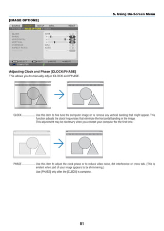 81
5. Using On-Screen Menu
[IMAGE OPTIONS]
Adjusting Clock and Phase [CLOCK/PHASE]
This allows you to manually adjust CLOCK and PHASE.
CLOCK	������������������� Use this item to fine tune the computer image or to remove any vertical banding that might appear. This
function adjusts the clock frequencies that eliminate the horizontal banding in the image.
This adjustment may be necessary when you connect your computer for the first time.
PHASE	������������������� Use this item to adjust the clock phase or to reduce video noise, dot interference or cross talk. (This is
evident when part of your image appears to be shimmering.)
Use [PHASE] only after the [CLOCK] is complete.
 