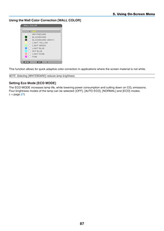 87
5. Using On-Screen Menu
Using the Wall Color Correction [WALL COLOR]
	
This function allows for quick adaptive color correction in applications where the screen material is not white.
NOTE: Selecting [WHITEBOARD] reduces lamp brightness.
Setting Eco Mode [ECO MODE]
The ECO MODE increases lamp life, while lowering power consumption and cutting down on CO2 emissions.
Four brightness modes of the lamp can be selected: [OFF], [AUTO ECO], [NORMAL] and [ECO] modes.
(→ page 27)
 