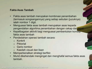 Fakta Asas Tambah

• Fakta asas tambah merupakan kombinasi penambahan
  (termasuk songsangannya) yang setiap sebutan (juzuknya)
  ialah nombor 1 digit.
• Menguasai fakta asas tambah merupakan asas kepada
  pengendalian algoritma penambahan dengan cekap dan tepat.
• Kepelbagaian aktiviti bagi menguasai pembentukan konsep
  fakta asas tambah
• Pendedahan operasi tambah secara:
  o Konkrit
  o Piktorial
  o Garis nombor
  o Kaedah visual dan lisan
• Memperkenalkan strategi berfikir.
• Murid dikehendaki mengingat dan menghafal semua fakta asas
  tambah.
 