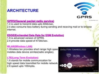 ARCHITECTURE
GPRS(General packet radio service)GPRS(General packet radio service)
1.it is used to transmit data upto 60kb/sec.
2.it also consume less battery during sending and receving mail or to browse
internet.
EDGE(Exchanded Data Rate for GSM Evolution)EDGE(Exchanded Data Rate for GSM Evolution)
1.It is advanced version of GPRS.
2.It provide data speed of 473kb/sec.
WLAN(Wireless LAN)
1.Wireless lan provides short range high speed wireless data connection between
mobiles data device sinnles(radio singles).
LTE(Long Term Evolution)
1.It stands for mobile communication for
high speed data trasmitted for mobile network.
2.It speed upto 100mpbs.
 