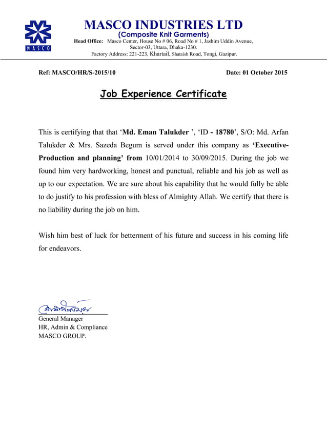 Job Experience certificate in Masco Group