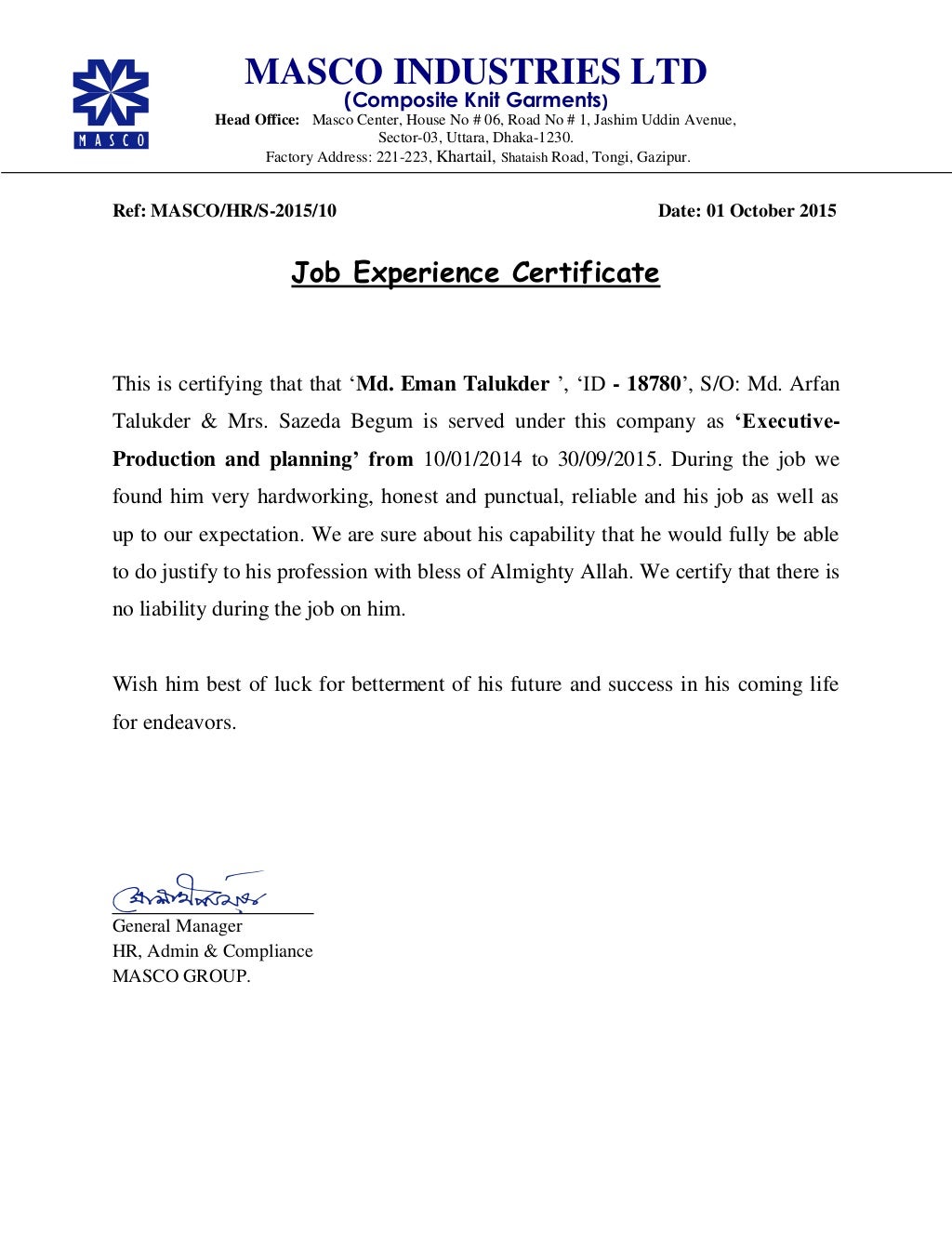 Job Experience certificate in Masco Group