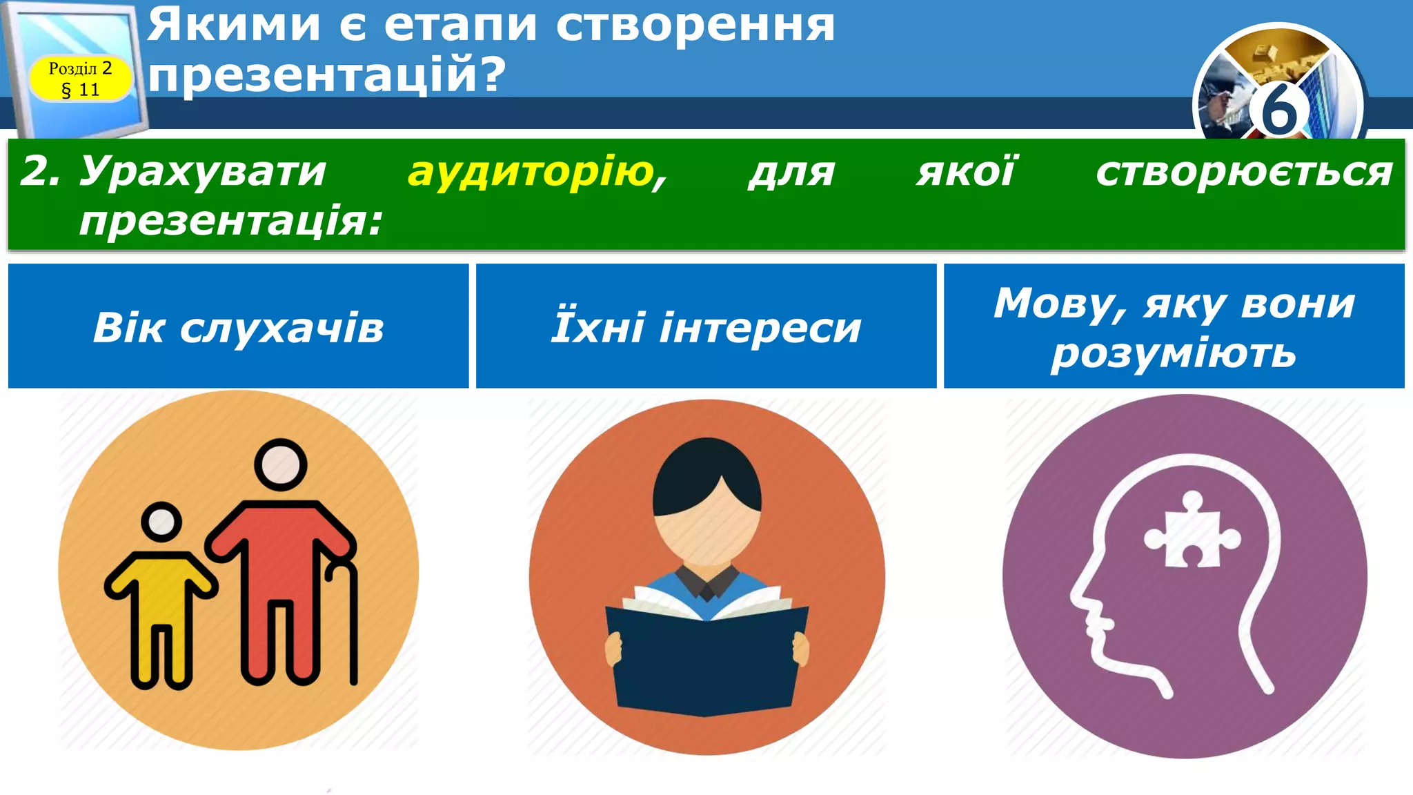 6
Якими є етапи створення
презентацій?Розділ 2
§ 11
2. Урахувати аудиторію, для якої створюється
презентація:
Вік слухачів Їхні інтереси
Мову, яку вони
розуміють
 