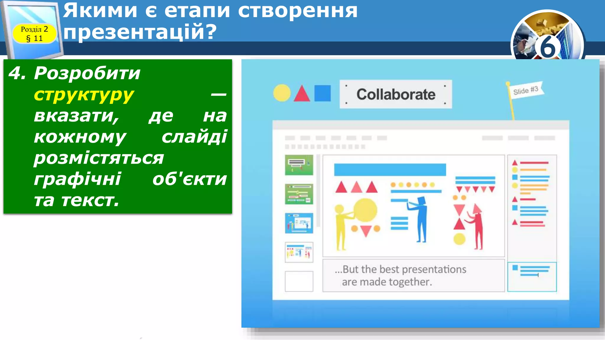 6
Якими є етапи створення
презентацій?Розділ 2
§ 11
4. Розробити
структуру —
вказати, де на
кожному слайді
розмістяться
графічні об'єкти
та текст.
 