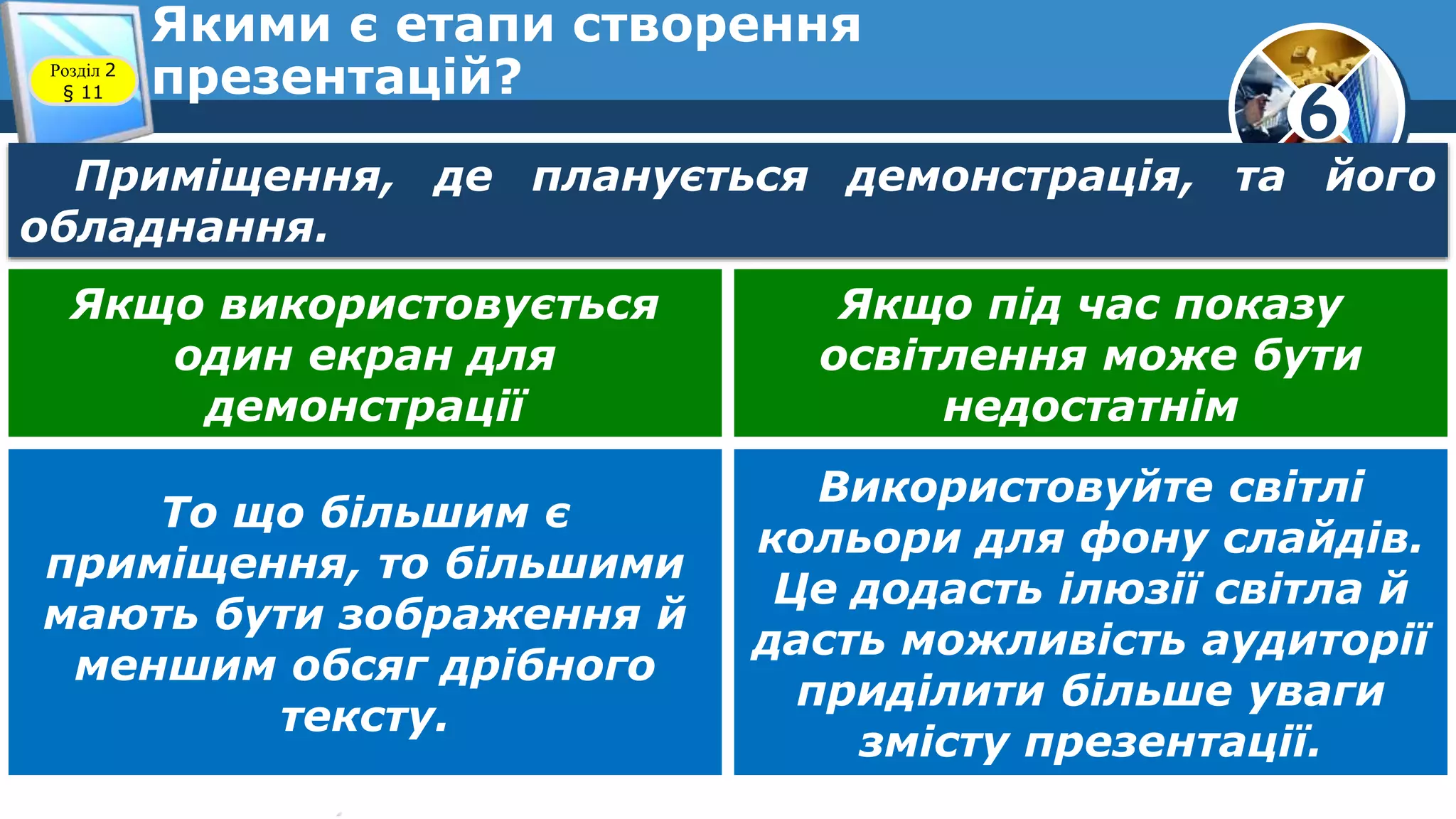 6
Якими є етапи створення
презентацій?Розділ 2
§ 11
Приміщення, де планується демонстрація, та його
обладнання.
Якщо використовується
один екран для
демонстрації
Якщо під час показу
освітлення може бути
недостатнім
То що більшим є
приміщення, то більшими
мають бути зображення й
меншим обсяг дрібного
тексту.
Використовуйте світлі
кольори для фону слайдів.
Це додасть ілюзії світла й
дасть можливість аудиторії
приділити більше уваги
змісту презентації.
 