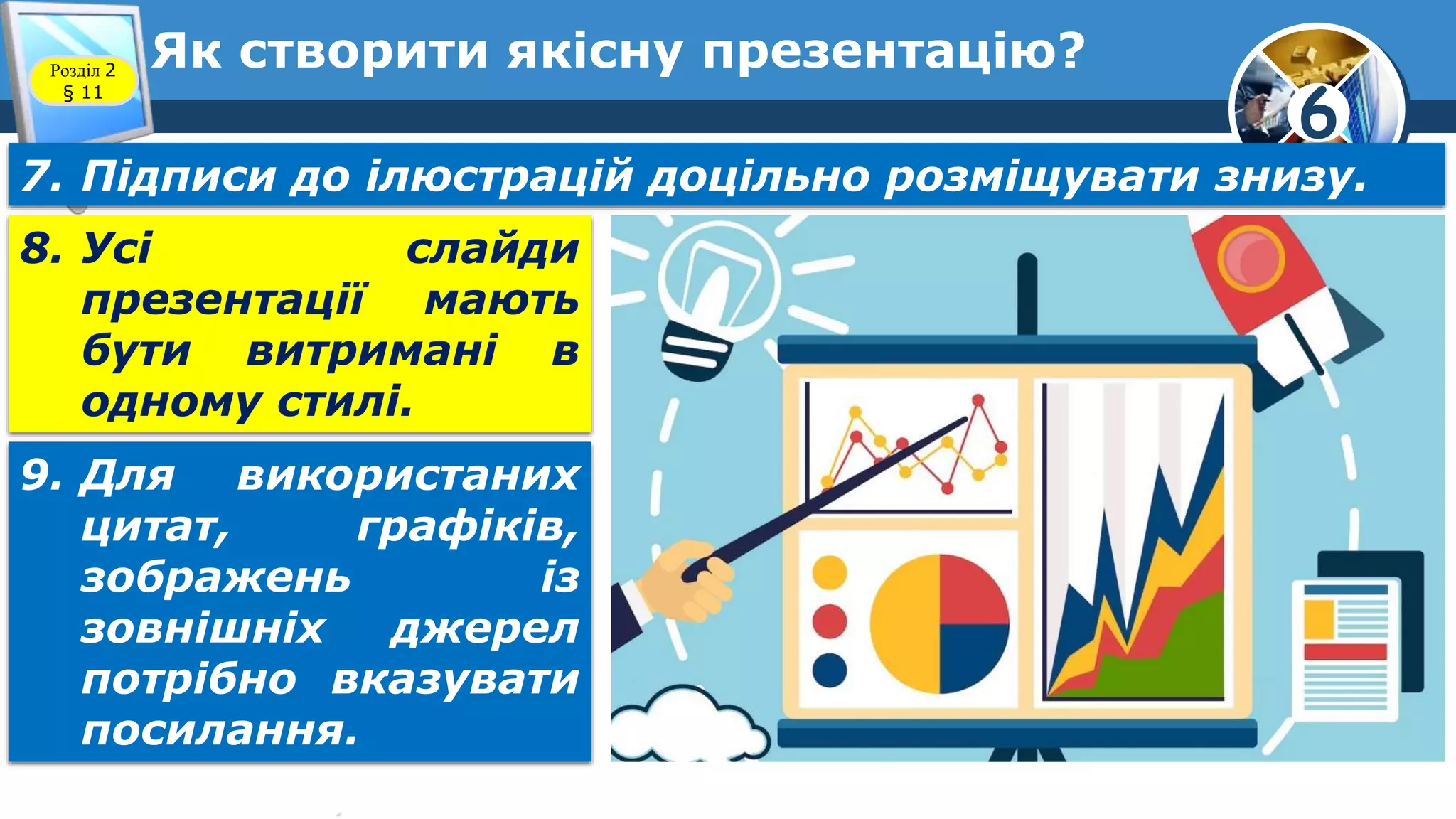 6
Як створити якісну презентацію?Розділ 2
§ 11
7. Підписи до ілюстрацій доцільно розміщувати знизу.
8. Усі слайди
презентації мають
бути витримані в
одному стилі.
9. Для використаних
цитат, графіків,
зображень із
зовнішніх джерел
потрібно вказувати
посилання.
 
