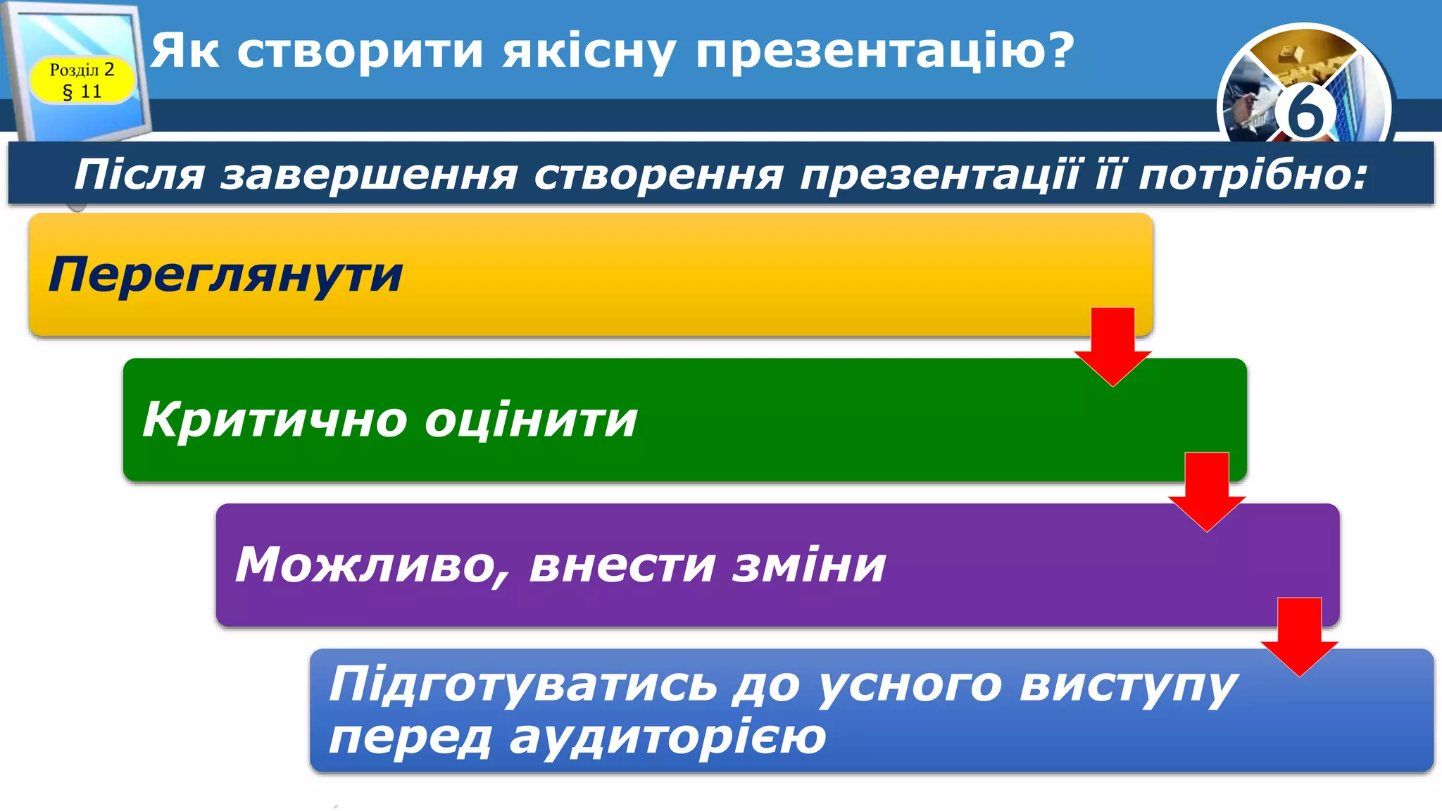 6
Як створити якісну презентацію?Розділ 2
§ 11
Після завершення створення презентації її потрібно:
Переглянути
Критично оцінити
Можливо, внести зміни
Підготуватись до усного виступу
перед аудиторією
 