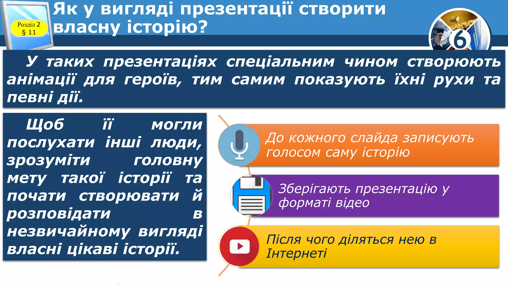 6
Як у вигляді презентації створити
власну історію?Розділ 2
§ 11
У таких презентаціях спеціальним чином створюють
анімації для героїв, тим самим показують їхні рухи та
певні дії.
Щоб її могли
послухати інші люди,
зрозуміти головну
мету такої історії та
почати створювати й
розповідати в
незвичайному вигляді
власні цікаві історії.
До кожного слайда записують
голосом саму історію
Зберігають презентацію у
форматі відео
Після чого діляться нею в
Інтернеті
 