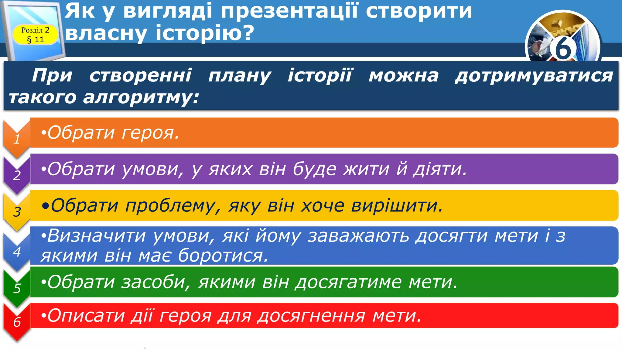 6
Як у вигляді презентації створити
власну історію?Розділ 2
§ 11
При створенні плану історії можна дотримуватися
такого алгоритму:
1 •Обрати героя.
2 •Обрати умови, у яких він буде жити й діяти.
3 •Обрати проблему, яку він хоче вирішити.
4
•Визначити умови, які йому заважають досягти мети і з
якими він має боротися.
5 •Обрати засоби, якими він досягатиме мети.
6 •Описати дії героя для досягнення мети.
 