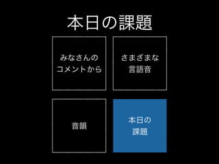 本日の課題
さまざまな
言語音
音韻
本日の
課題
みなさんの
コメントから
 
