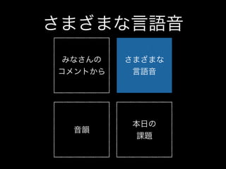 さまざまな言語音
さまざまな
言語音
音韻
本日の
課題
みなさんの
コメントから
 