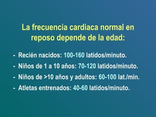 La frecuencia cardiaca normal en
reposo depende de la edad:
- Recién nacidos: 100-160 latidos/minuto.
- Niños de 1 a 10 años: 70-120 latidos/minuto.
- Niños de >10 años y adultos: 60-100 lat./min.
- Atletas entrenados: 40-60 latidos/minuto.
 