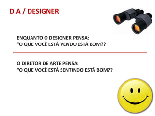 D.A / DESIGNER

ENQUANTO O DESIGNER PENSA:
“O QUE VOCÊ ESTÁ VENDO ESTÁ BOM??

O DIRETOR DE ARTE PENSA:
“O QUE VOCÊ ESTÁ SENTINDO ESTÁ BOM??

 