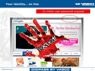 Your identity… on line

                               32 million user passwords exposed




VASCO Data Security                                                10
 