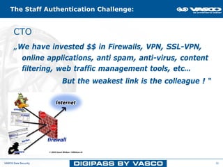 The Staff Authentication Challenge:


      CTO The weakest link….
      „We have invested $$ in Firewalls, VPN, SSL-VPN,
             online applications, anti spam, anti-virus, content
             filtering, web traffic management tools, etc…
                       But the weakest link is the colleague ! “




VASCO Data Security                                                30
 