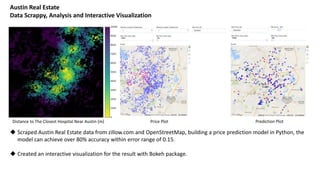 Distance to The Closest Hospital Near Austin (m) Price Plot Prediction Plot
 Scraped Austin Real Estate data from zillow.com and OpenStreetMap, building a price prediction model in Python, the
model can achieve over 80% accuracy within error range of 0.15.
 Created an interactive visualization for the result with Bokeh package.
Austin Real Estate
Data Scrappy, Analysis and Interactive Visualization
 