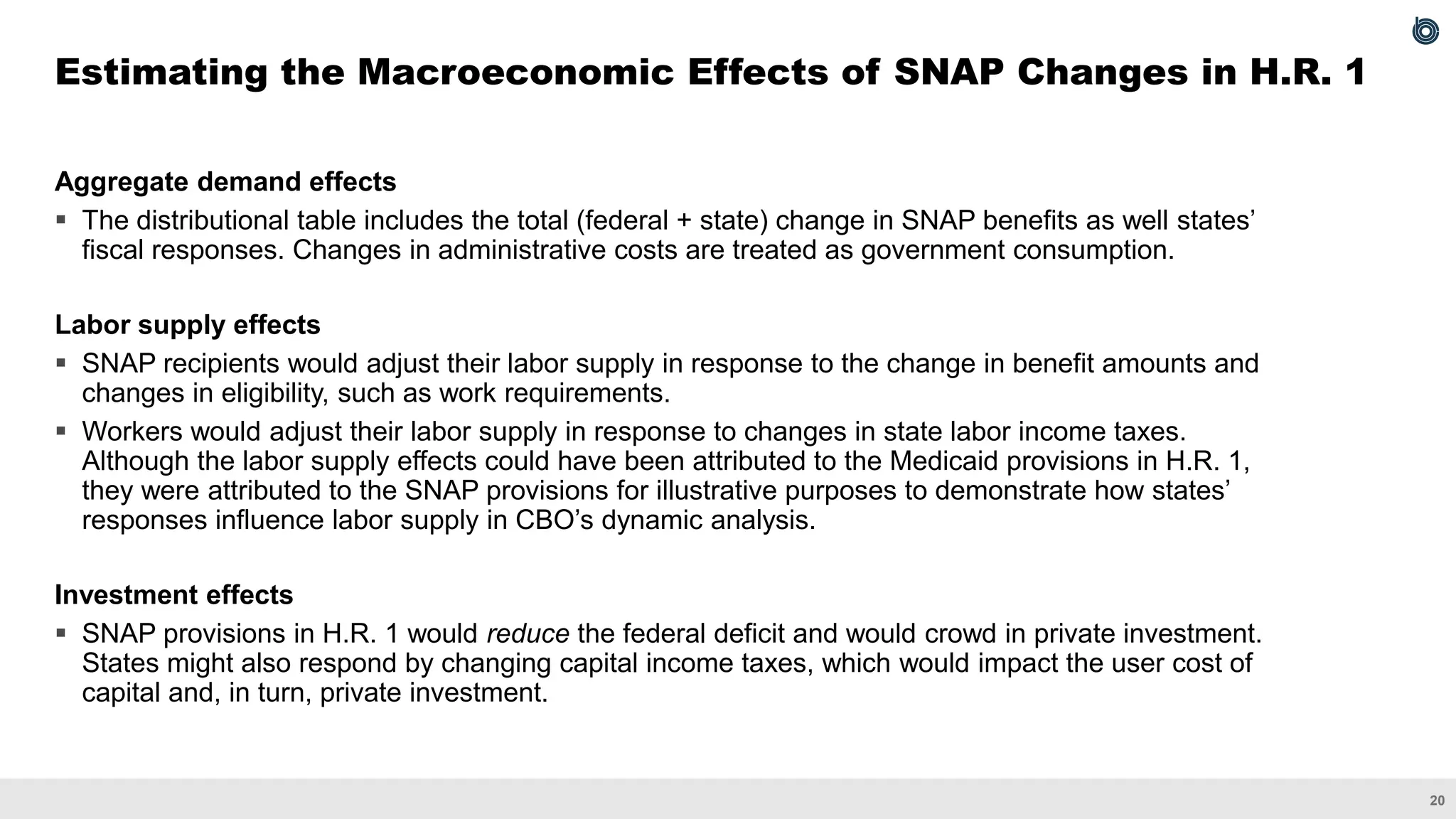 20
Aggregate demand effects
▪ The distributional table includes the total (federal + state) change in SNAP benefits as well states’
fiscal responses. Changes in administrative costs are treated as government consumption.
Labor supply effects
▪ SNAP recipients would adjust their labor supply in response to the change in benefit amounts and
changes in eligibility, such as work requirements.
▪ Workers would adjust their labor supply in response to changes in state labor income taxes.
Although the labor supply effects could have been attributed to the Medicaid provisions in H.R. 1,
they were attributed to the SNAP provisions for illustrative purposes to demonstrate how states’
responses influence labor supply in CBO’s dynamic analysis.
Investment effects
▪ SNAP provisions in H.R. 1 would reduce the federal deficit and would crowd in private investment.
States might also respond by changing capital income taxes, which would impact the user cost of
capital and, in turn, private investment.
Estimating the Macroeconomic Effects of SNAP Changes in H.R. 1
 