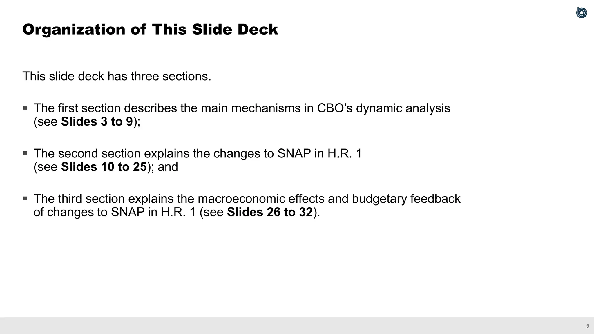 2
This slide deck has three sections.
▪ The first section describes the main mechanisms in CBO’s dynamic analysis
(see Slides 3 to 9);
▪ The second section explains the changes to SNAP in H.R. 1
(see Slides 10 to 25); and
▪ The third section explains the macroeconomic effects and budgetary feedback
of changes to SNAP in H.R. 1 (see Slides 26 to 32).
Organization of This Slide Deck
 