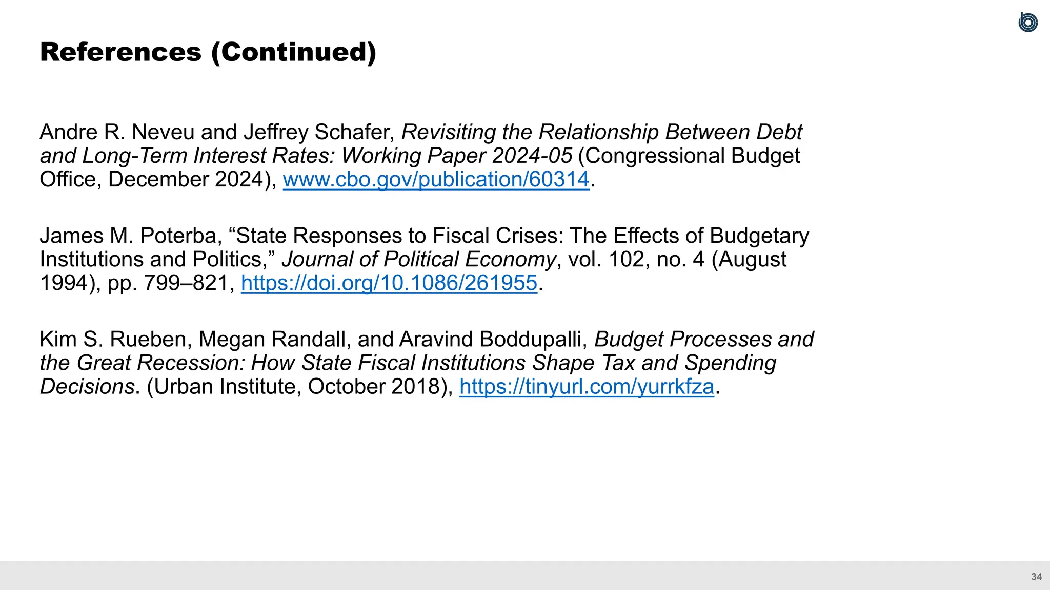 34
Andre R. Neveu and Jeffrey Schafer, Revisiting the Relationship Between Debt
and Long-Term Interest Rates: Working Paper 2024-05 (Congressional Budget
Office, December 2024), www.cbo.gov/publication/60314.
James M. Poterba, “State Responses to Fiscal Crises: The Effects of Budgetary
Institutions and Politics,” Journal of Political Economy, vol. 102, no. 4 (August
1994), pp. 799–821, https://doi.org/10.1086/261955.
Kim S. Rueben, Megan Randall, and Aravind Boddupalli, Budget Processes and
the Great Recession: How State Fiscal Institutions Shape Tax and Spending
Decisions. (Urban Institute, October 2018), https://tinyurl.com/yurrkfza.
References (Continued)
 