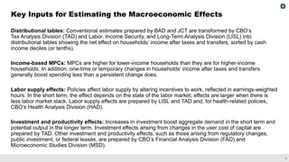 9
Distributional tables: Conventional estimates prepared by BAD and JCT are transformed by CBO’s
Tax Analysis Division (TAD) and Labor, Income Security, and Long-Term Analysis Division (LISL) into
distributional tables showing the net effect on households’ income after taxes and transfers, sorted by cash
income deciles (or tenths).
Income-based MPCs: MPCs are higher for lower-income households than they are for higher-income
households. In addition, one-time or temporary changes in households’ income after taxes and transfers
generally boost spending less than a persistent change does.
Labor supply effects: Policies affect labor supply by altering incentives to work, reflected in earnings-weighted
hours. In the short term, the effect depends on the state of the labor market; effects are larger when there is
less labor market slack. Labor supply effects are prepared by LISL and TAD and, for health-related policies,
CBO’s Health Analysis Division (HAD).
Investment and productivity effects: Increases in investment boost aggregate demand in the short term and
potential output in the longer term. Investment effects arising from changes in the user cost of capital are
prepared by TAD. Other investment and productivity effects, such as those arising from regulatory changes,
public investment, or federal leases, are prepared by CBO’s Financial Analysis Division (FAD) and
Microeconomic Studies Division (MSD).
Key Inputs for Estimating the Macroeconomic Effects
 