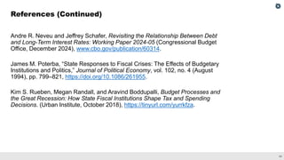 34
Andre R. Neveu and Jeffrey Schafer, Revisiting the Relationship Between Debt
and Long-Term Interest Rates: Working Paper 2024-05 (Congressional Budget
Office, December 2024), www.cbo.gov/publication/60314.
James M. Poterba, “State Responses to Fiscal Crises: The Effects of Budgetary
Institutions and Politics,” Journal of Political Economy, vol. 102, no. 4 (August
1994), pp. 799–821, https://doi.org/10.1086/261955.
Kim S. Rueben, Megan Randall, and Aravind Boddupalli, Budget Processes and
the Great Recession: How State Fiscal Institutions Shape Tax and Spending
Decisions. (Urban Institute, October 2018), https://tinyurl.com/yurrkfza.
References (Continued)
 